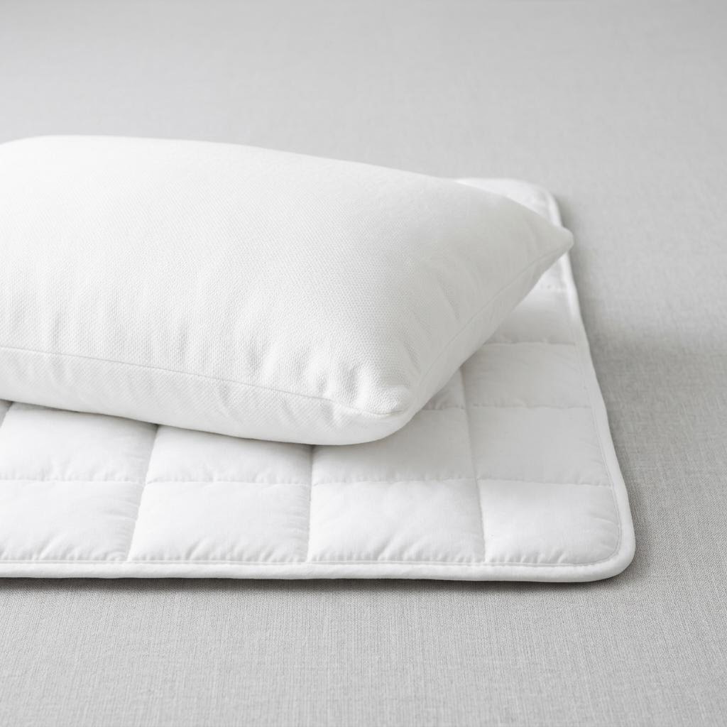 Almohada y cubrecolchón acolchado sobre superficie clara (imagen ilustrativa)