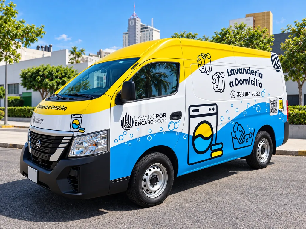 Camioneta grande de reparto de Lavado por Encargo, con rotulación amarilla, blanca y azul